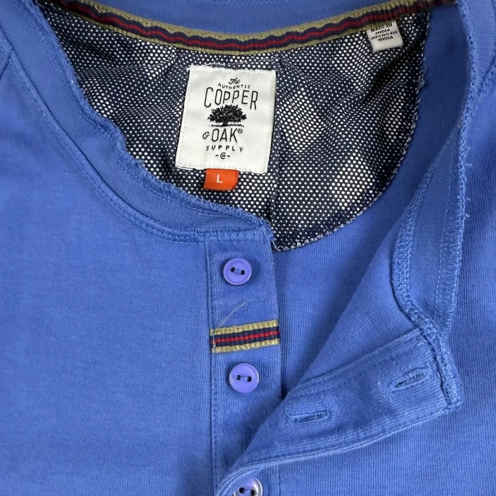Copper & Oak Supply Mens Long‎ Sleeve Henley Shirt Blue Size L Distressed Edges